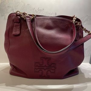 Tory Burch Harper Pebbled Leather Shoulder Bag Tote in Dark Merlot (Burgundy)